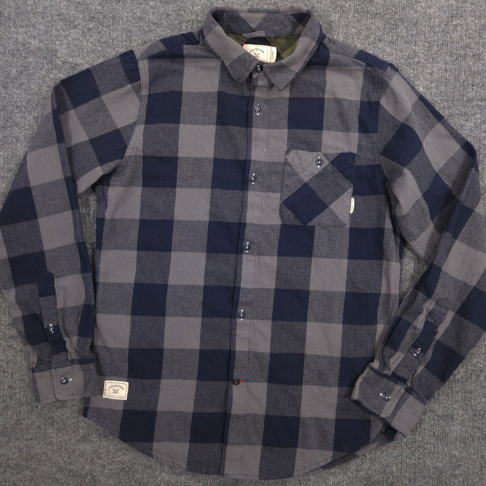 Fourstar Clothing Shirt Mens S Gray Navy Buffalo Check Lightweight Twill Flannel